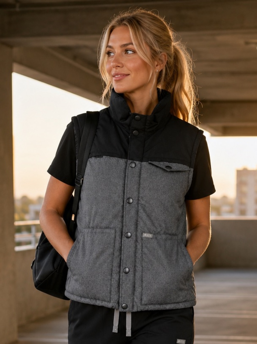 FIGS Utility Quilted Puffer Vest Black/Gray Insulated Size Small